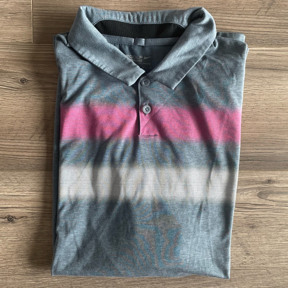 Nike Tour Performance Golf Shirt. Blue/Grey with Pink and white stripe. SZ XL